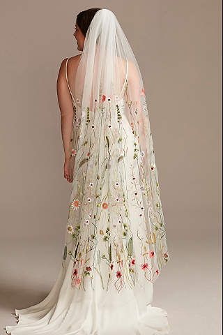 View Colorful Embroidered Floral Cottagecore Mid Veil WPD29417RW2 Earthy Wedding Dresses, Cottage Core Wedding, Floral Wedding Veils, Cottagecore Wedding, Flowers To Make, Floral Veil, Flower Veil, Veil Styles, Embroidered Wedding Dress