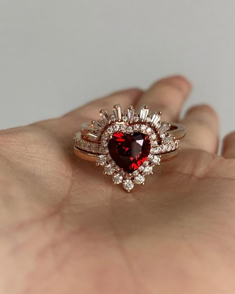 Ruby Engaent Ring, Ornate Ruby Wedding Ring, Rubyengagement Ring, Heart-shaped Ruby Wedding Ring, Non Traditional Wedding Bands, Heart-shaped Ruby Ring For Wedding, Rose Wedding Ring, Trio Ring Set, Ruby Diamond Engagement Ring