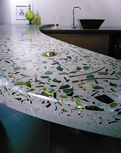 green embedded glass in concrete countertop Bar Top Ideas, How To Make Concrete Countertops, Making Concrete Countertops, Bathroom Concrete, Recycled Glass Countertops, Countertops Concrete, Concrete Countertops Outdoor, Kitchen Remodel Countertops, Countertops Bathroom