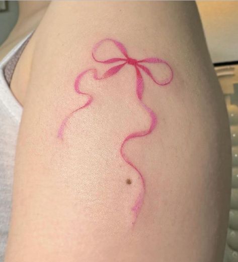 pink bow tattoo Pink Tattoo Ink, Pink Bow Tattoos, Pearl Tattoo, Blood Tattoo, Mystical Tattoos, Pink Tattoo, Bts Tattoos, Wicked Tattoos, Bow Tattoo