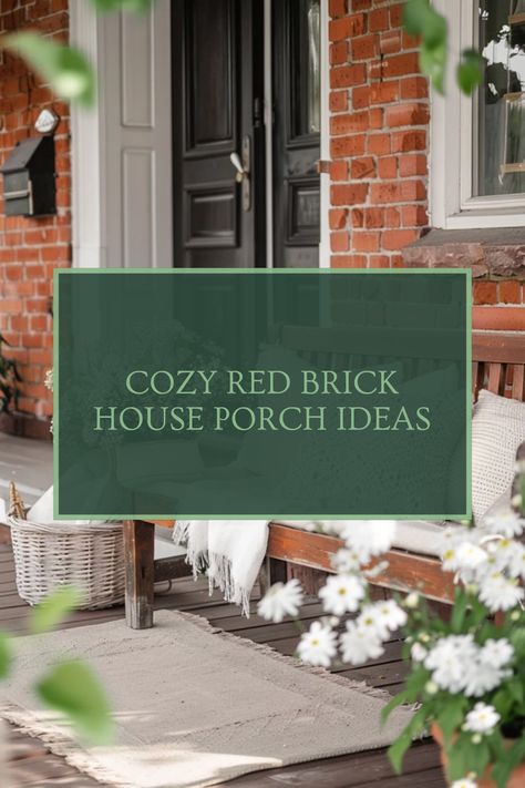 Cozy porch ideas for red brick houses highlighting charming outdoor spaces. Explore design and décor that enhances curb appeal with green plants and seating arrangements. Landscape Ideas Red Brick House, Front Porch With Brick Pillars, Red Brick House Porch Ideas, Brick Ranch Front Porch Ideas, Red Brick Front Porch Ideas, Red Brick Porch Ideas, Red Brick House Front Porch Ideas, Brick House Porch Ideas, Front Porch Brick House