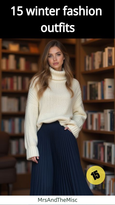 winter fashion outfits Turtleneck Sweater With Skirt, How To Wear A Pleated Skirt Winter, Midi Skirt Sweater Outfit, Pleated Skirt And Sweater Outfit, Winter Pleated Skirt Outfit, Sweater Skirt Outfit Winter, Sweater And Long Skirt Outfit, Long Skirt With Sweater Outfit, Pleated Skirt Winter Outfit