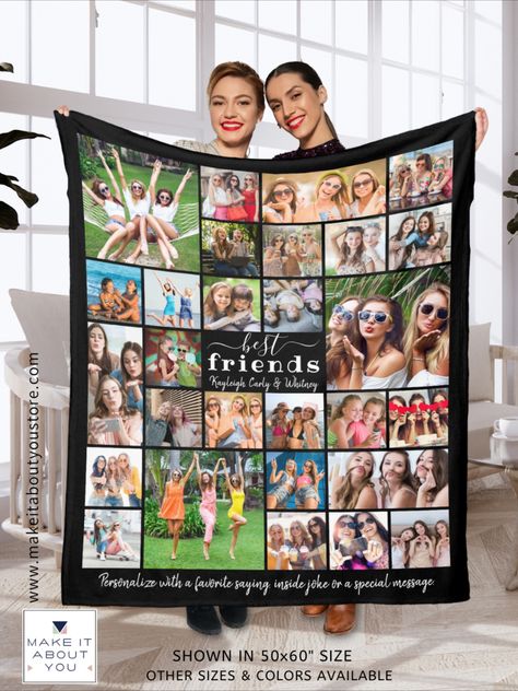 Create a BEST FRIENDS custom color photo memory keepsake blanket utilizing this easy-to-upload photo collage template with 30 square and rectangle pictures and personalized with your names and a personal message for a meaningful gift for your BFF or Besties. Keepsake Blanket, Collage Gifts, Birthday Photo Collage, Photo Collage Gift, Photo Collage Template, First Birthday Photos, Collage Making, Collage Template, Photo Memories