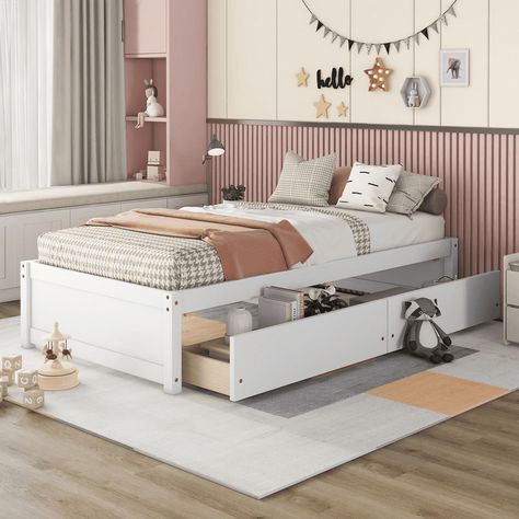 Twin Size Bed Frame with 2 Storage Drawers, Wood Single Platform Bed No Headboard, Twin Bed for Kids Teens Adults (White) - Walmart.com Platform Bed No Headboard, Twin Bed With Storage, Bed No Headboard, Twin Bed With Drawers, Twin Storage Bed, Bed Base Frame, Kids Twin Bed, Twin Size Bed Frame, Twin Size Bed