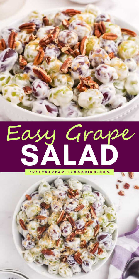 Level up your BBQ party with this amazing BBQ side dish! This easy grape salad recipe requires just 25 minutes of your time. Simply toss, mix, and chill for a refreshing treat. Don't wait – try this recipe now and impress your guests! Easy Grape Salad Recipes, Sides For Subs, Easy Grape Salad, Grape Salad Recipe, Bbq Side Dish, Quick Family Dinners, Bbq Side, Grape Recipes, Easy Summer Dinners