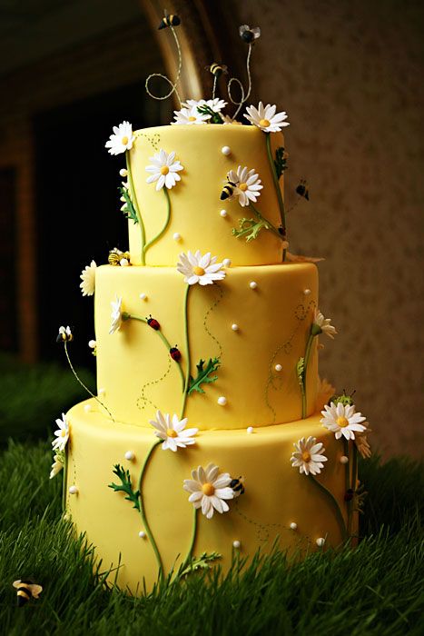 daisies Cake With Daisies, Daisy Wedding Cakes, Super Torte, Yellow Wedding Cake, Spring Wedding Cake, Daisy Cakes, Bee Cakes, Daisy Wedding, Yellow Cake