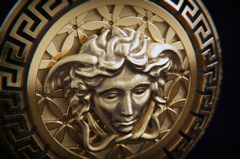 The expensive clothing brand Versace actually uses Medusa as their logo.  The allusion to mythology is used to represent the positive attributed of Medusa.  This includes her power, strength and beauty. Versace Symbol, Ovid's Metamorphoses, Medusa Versace, Ovid Metamorphoses, Medusa Pendant, Medusa Art, Chicano Style Tattoo, Fig Leaves, Medusa Head