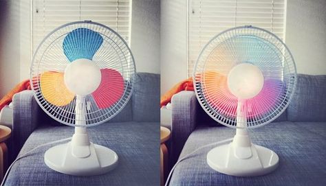 Paint primary colors on fan blades. Projek Diy, Rainbow Fan, Painted Fan, Diy Rainbow, Diy Bricolage, Fan Blades, Crafty Craft, Craft Time, Diy Projects To Try