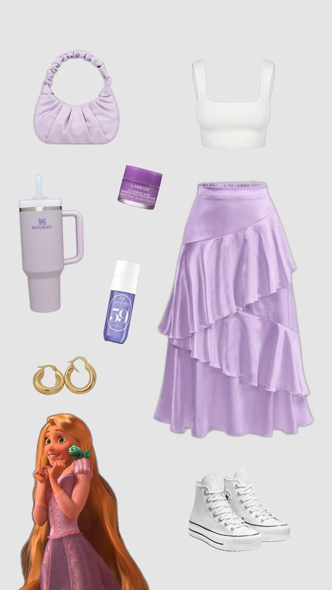 Tangled💜💜💜#princess #rapunzel #purple Rapunzel Outfit Ideas Disney, Rapunzel Rave Outfit, Disney Princess Outfit Ideas For Women, Tangled Themed Outfit, Repunzle Outfit Idea, Anna Frozen Aesthetic Outfit, Rapunzel Clothes Inspired Outfits, Outfits Based On Disney Characters, Rapunzel Inspired Outfit Aesthetic