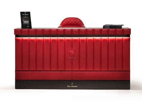 Concierge Desk Design, Retro Reception Desk, Lodge Reception Desk, Copper Reception Desk, Red Reception Desk, Black Reception Desk, Alpine Racing, Reception Counter, Leather Desk