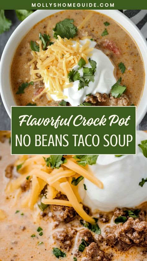 Discover a delicious and hassle-free cooking experience with this mouthwatering crock pot taco soup recipe. Packed with flavor and hearty ingredients, this no beans version is sure to become a family favorite. Perfect for busy weeknights or cozy weekends, this easy-to-make dish will warm your soul and satisfy your cravings. Let your slow cooker do all the work while you enjoy the comforting aroma of seasoned beef, savory broth, zesty tomatoes, and vibrant veggies blending together in perfect har Crock Pot Taco Soup Recipe, Taco Soup Recipe Crockpot, Beef Taco Soup, Crock Pot Taco Soup, Soup Crockpot Recipes, Slow Cooker Taco Soup, Slow Cooker Taco, Healthy Crock Pot, Taco Soup Crock Pot