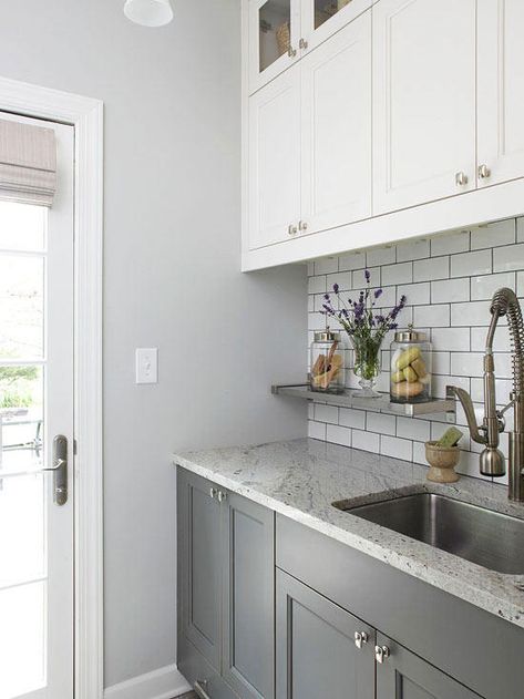 laundry room Grey Laundry Rooms, Laundry Room Storage Shelves, Small Laundry Room Organization, Room Storage Diy, Gray And White Kitchen, Kabinet Dapur, Grey Countertops, Gray Walls, Kitchen Wall Colors