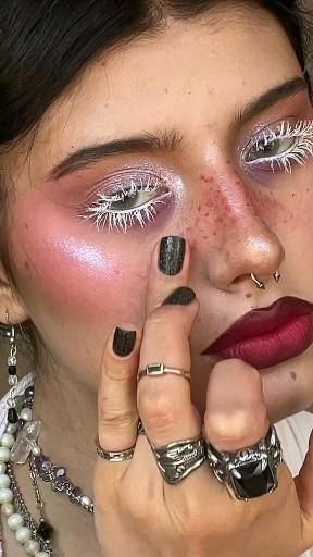 Grunge Makeup Videos, Tear Make Up, Fae Inspired Makeup, White Lashes Make Up, Geisha Makeup Modern, Chromatic Makeup, White Mascara Makeup, Interesting Makeup Looks, Whimsigothic Makeup