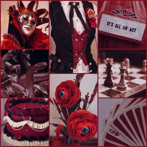 Clown Adoptable, Red Circus Aesthetic, Jester Color Palette, Red And Black Moodboard, Jester Moodboard, Villain Moodboard, Red Moodboard Aesthetic, Vampire Moodboard, Punk Moodboard