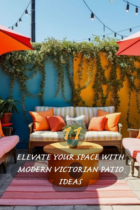 I love how vibrant colors bring this patio to life! The mix of bold orange and calming blue creates an inviting atmosphere perfect for relaxation. The lush greenery adds a touch of nature, making it an ideal space for entertaining or enjoying a quiet afternoon. Check out these 11 modern Victorian patio ideas to elevate your outdoor space! Victorian Patio Ideas, Victorian Patio, Modern Victorian Design, Japandi Dining Room, Ornate Chairs, Modern Victorian Style, Organic Modern Kitchen, Vintage Garden Parties, Garden Pavilion