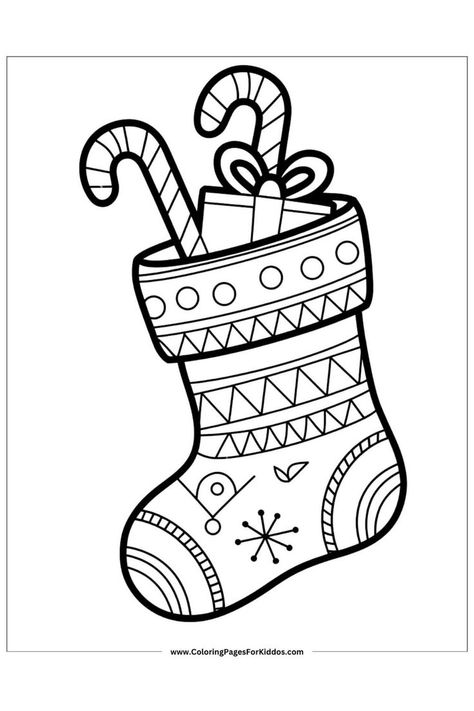 A decorated Christmas stocking with candy canes and a gift, ideal for December-themed coloring. Printable Coloring Pages Christmas, Cute Christmas Coloring Pages Aesthetic, Christmas Colouring In Pages, Easy Christmas Coloring Pages For Kids, Free Kids Christmas Coloring Pages, Christmas Bluey Coloring Pages, Christmas Pictures To Color Printable, Christmas Printable Coloring Pages, Christmas Color By Number Free Printable