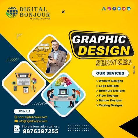 Looking for stunning graphic design services? We offer:- ✅ Website Design ✅ Logo Design ✅ Brochure Design ✅ Flyer Design ✅ Banner Design ✅ Catalog Design and Much More 🚀👨‍🎨💻 📲Call us now:- +91 9876397255 📧 Email:- info@digitalbonjour.com 🌐 Website:- www.digitalbonjour.com #DigitalBonjour #DesignServices #GraphicDesigners #CreativeDesigns #ProfessionalDesigns #OnlineDesign #BusinessDesigns #MarketingDesigns #AffordableDesigns #Branding #WebDevelopment #Logo #OnlineMarketing Hair Poster Design, Sample Flyers, Healthcare Ads, Cafe Poster, Service Poster, Awesome Posters, Brochure Graphic, Digital Advertising Design, Casino Table