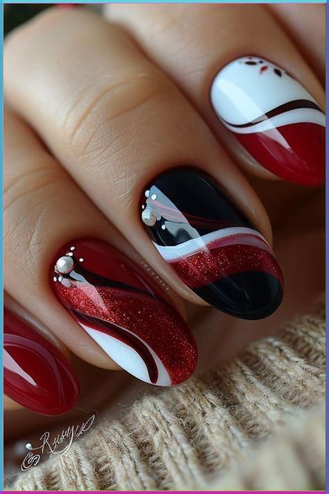 Red Nails With Black Design, Nail Designs 2024 Trends, Burgundy Nail Polish, Fancy Nail Art, Heart Nail Designs, Korean Nail Art, Elegant Nail Art, Romantic Nails, Nail Designs Tutorial