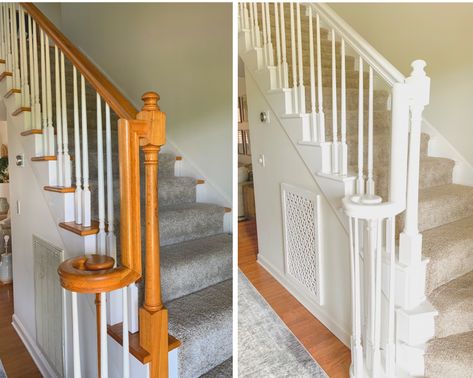 White Staircase Ideas, Painted Staircase Railing, Refinish Staircase, Painting Wooden Stairs, White Banister, Painted Banister, Staircase White, Painted Stair Railings, Brown Front Doors