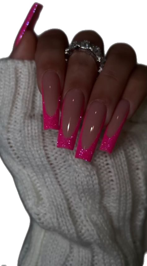 Nail Designs Hot Pink, Pink Acrylic Nail Designs, Dark Pink Nails, Pink French Nails, Glitter French Tips, Baby Pink Nails, Hot Pink Nails, Cute Acrylic Nail Designs, Long Acrylic Nails Coffin