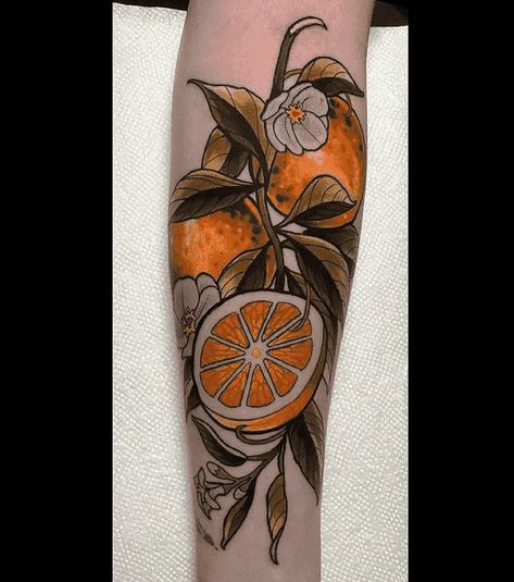 Neo Traditional Orange Tattoo, Sliced Orange Tattoo, Orange Half Tattoo, Black And White Orange Tattoo, Orange Tattoo Ideas, Orange Branch Tattoo, Oranges Tattoo, Tangerine Tattoo, Creature Tattoo