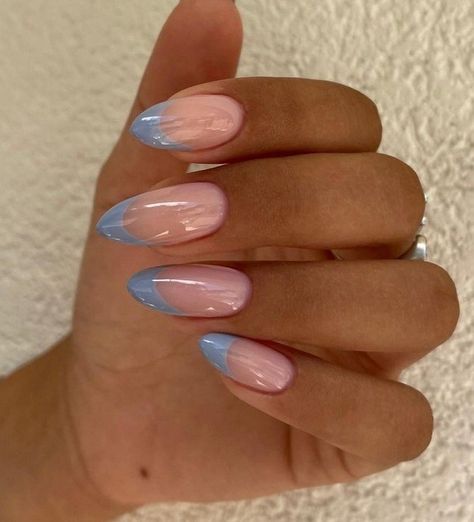 Baby blue French tips manicure nails design Milky Pastel Nails, Blue Chrome French Tip, Light Blue Prom Nails, Blue Line Nails, Light Blue Almond Nails, Light Blue French Tips, Light Blue French Tip Nails, Powder Blue Nails, Line Nails