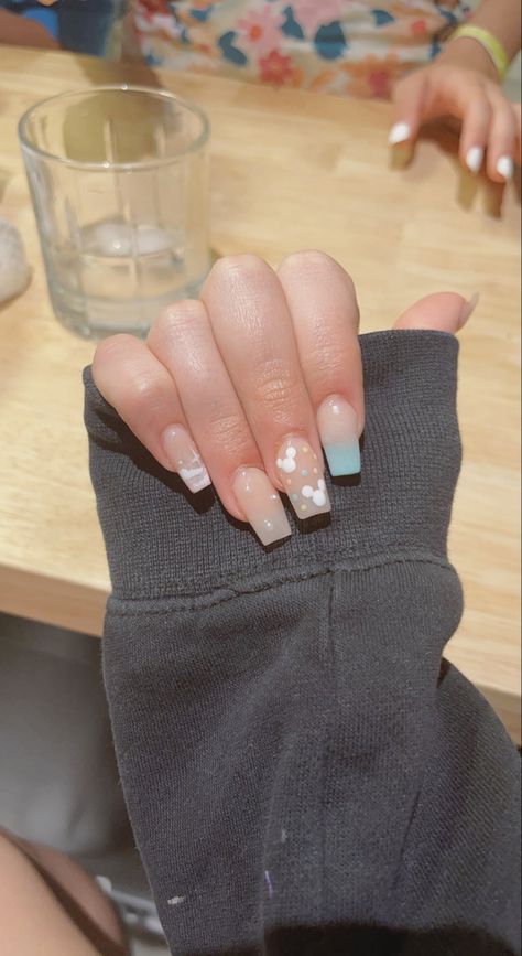 light pastel nails Disney Nails Coffin Shape, Cute Mickey Mouse Acrylic Nails, Coffin Disney Nails, Disneyland Nails Acrylics Simple, Light Blue Disney Nails, Blue Mickey Nails, Blue Mickey Mouse Nails, Lowkey Disney Nails, Disney Cruise Nails Acrylic