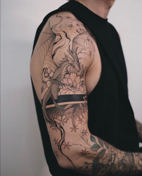 Modern Half Sleeve Tattoo For Men, Men’s Floral Arm Tattoo, Tattoo Sleeve Men Aesthetic, Floral Sleeve Tattoo For Men, Nature Sleeves For Men, Floral Arm Tattoo Men, Flower Tattoos Sleeve Men, Abstract Half Sleeve Tattoo, Men’s Floral Sleeve Tattoo