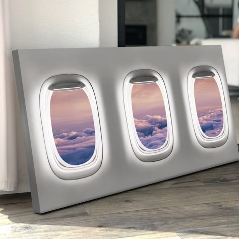 Canvas Decor Ideas, Travel Room Decor, Airport Theme, Agency Office, Travel Room, Aviation Decor, Airplane Decor, Airplane Window, Black Chair