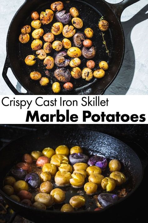 The best and crispiest Cast Iron Skillet Marble Potatoes. There aren't many sides for steak or chicken that are better than crispy potatoes with tons of flavor. The outside is crunchy and the inside is creamy. #saltpepperskillet #potatoes #skilletpotatoes #steaksides #potatorecipe #grillingsides #castironskillet via @spskillet Savory Potato Recipes, Sides For Steak, Marble Potatoes, Potatoes Skillet, Steak Sides, Cast Iron Steak, Potatoe Pancake Recipe, Stuffed Baked Potatoes, Potato Wedges Baked