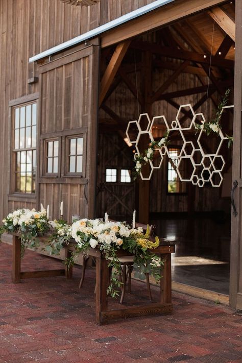 Honey Themed Farm-to-Table Kansas City Wedding Inspo | The Perfect Palette Honey Decorations Decor, Bee Wedding Decor, Bee Theme Wedding Decor, Milk And Honey Wedding Theme, Honey Theme Wedding, Bumble Bee Wedding Theme, Farm Themed Bridal Shower Ideas, Honey Bee Wedding Theme, Bee Wedding Shower Theme