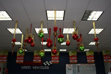 Balls and Shaped Christmas Ceiling Decorations, via Flickr. Office Christmas Decorations Contest, Classroom Ceiling Decorations, Christmas Ceiling, Christmas Cubicle Decorations, Christmas Ceiling Decorations, Christmas Tree And Fireplace, Large Christmas Ornaments, Ceiling Decorations, Rose Gold Christmas