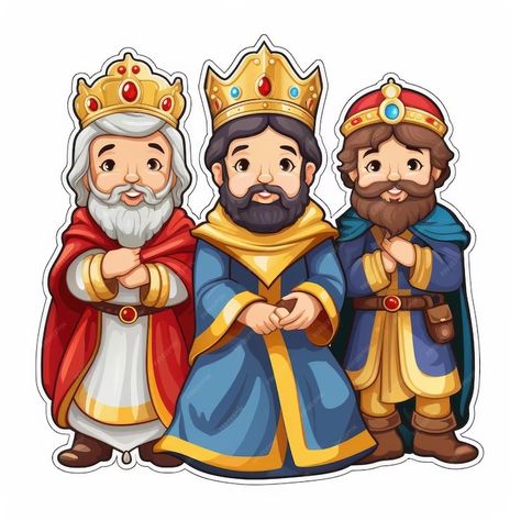 Premium AI Image | Whimsical Holiday Delight We Three Kings Cartoon Christmas Stickers on White Background Christmas Three Kings, King Character Design, Christmas Character Design, Nativity Scene Characters, King Cartoon, King Drawing, Cartoon Drawings Of People, We Three Kings, Cartoon Christmas