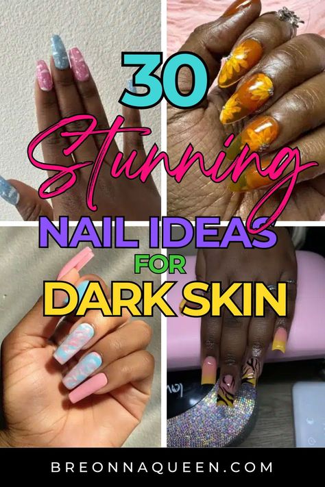 Find your next stunning manicure idea among these 30 nail designs tailored for dark skin tones. From glamorous looks to everyday chic, there's Nail Design On Dark Skin Black Women, Black Colorful Nail Designs, Sassy Nails Designs Classy, Nice Acrylic Nails Design, Nail Gel X Ideas, Multiple Colored Nails, Acrylic Nail Designs For Dark Skin Tones, Dual Color Nails, Nails Acrylic On Dark Skin