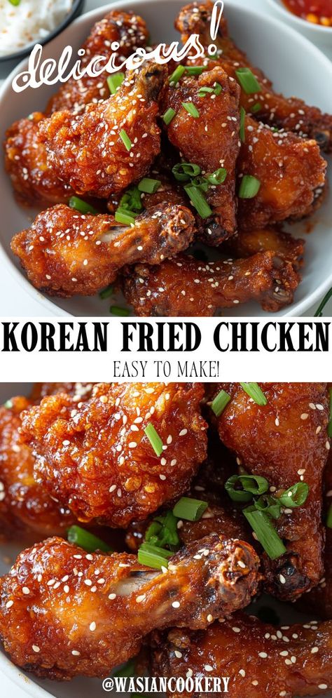 a plate full of Korean Fried chicken with sesame seeds Spicy Chicken Wings Recipe, Korean Chicken Wings, Spicy Korean Chicken, Korean Fried Chicken Recipe, Chicken Wing Recipes Fried, Perfect Fried Chicken, Spicy Fried Chicken, Sweet And Spicy Chicken, Korean Chicken