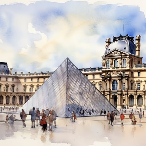 Watercolor Monuments, Famous Landmarks Drawing, Louvre Museum Drawing, Louvre Drawing, Louvre Paintings, Paint Brushes Photography, France City, Montmartre Paris, Paris Painting