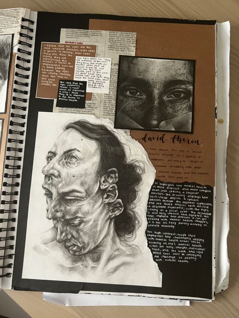 Portraiture Sketchbook Pages, David Theron Artist Research, Visual Arts Portfolio, A Level Art Artist Research, Portrait Art Gcse Sketchbook Pages, A Level Art Research Page, Gcse Art Pages Layout, Artist Research Layout, Gcse Art Projects