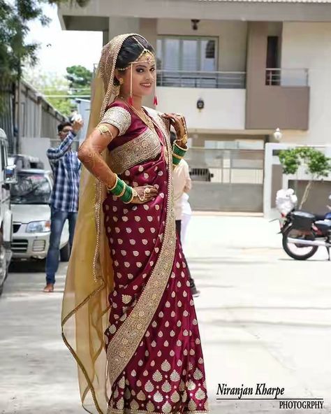 Marathi Wedding Shalu Saree, Shalu Saree For Bride, Shalu Saree Maharashtrian For Bride, Shalu Saree, Red Saree Look, Plain Saree With Heavy Blouse, Saree With Heavy Blouse, Muslim Wedding Photos, Heavy Blouse