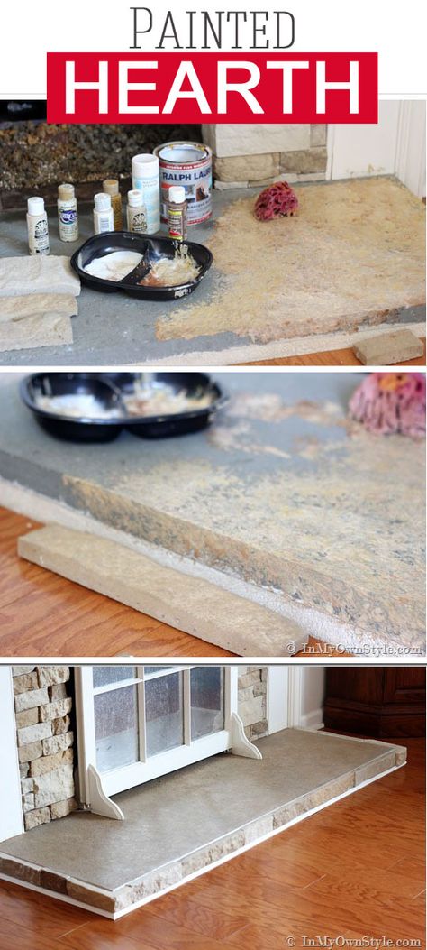 Easy DIY painting technique using craft paint to paint a hearth to look like stone | In My Own Style Stained Concrete Fireplace Hearth, Paint Fireplace Hearth, Painted Fireplace Hearth, Hearth Redo Ideas, Painting To Look Like Stone, Painted Hearth Ideas, Fireplace Hearth Makeover Diy, Paint To Look Like Stone, How To Paint Faux Stone