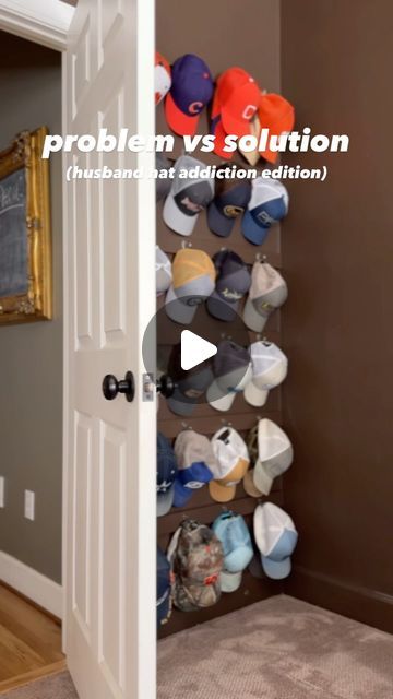 Sonya | Decorate, Declutter, DIY on Instagram: "🧢 storage SOLVED! 
Why did we not do this sooner?! Hat display for Ray is hidden behind the door in our bedroom. Perfect solution for all those baseball hats. 

#homeorganization #hatorganization #tidyhome #tidyhometidymind" Bedroom Hat Display, Baseball Storage Ideas, Hat Shelf Ideas, Ball Cap Storage Ideas, Hat Storage Ideas Diy, Hat Display Ideas Wall, Baseball Cap Storage Ideas, Diy Hat Storage, Ball Cap Storage