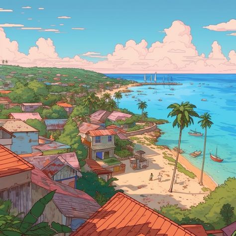 Barbados Beach Landscape. Beach Perspective Drawing, Island Village Concept Art, Fantasy Beach Town, Island Town Fantasy Art, Beach Village Concept Art, Beach Village Fantasy Art, Birds Eye View City, Barbados Beaches, Beach Village