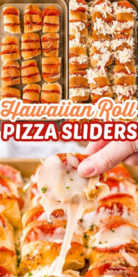 Baked Hawian Roll Sandwiches, King Hawaiian Pizza Sliders, Hawian Roll Dinner Ideas, Mini Hawaiian Roll Sliders, Hawian Roll Recipe Ideas, Pepperoni Pizza Sliders Hawaiian Rolls, Pizza Hawaiian Sliders, Hawaiian Roll Meals, Hawaiian Roll Pizza Sliders