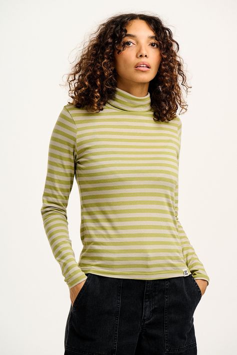 Hayden - Cotton & TENCEL™ Modal Roll Neck Top in Sage Stripe Lucy And Yak, Roll Neck Top, Fitted Sleeves, Extra Long Sleeves, Long Sleeve Tee Shirts, Loose Sweater, Roll Neck, Tee Dress, Staple Pieces