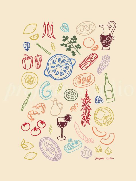 Spain Decor Spanish Style, Spanish Illustration Art, Easy Prints To Draw, Doodle Art Illustration, Spain Illustration Art, Cute Card Illustration, Hand Drawn Food Illustration, Hand Drawn Prints, Hand Drawn Illustration Style