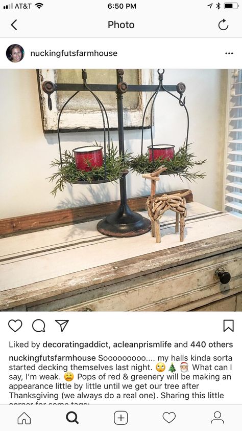 Scale Decorate Ideas, Decorating With Scales Kitchen, Vintage Scale Christmas Decor, Balance Scale Decor, Vintage Scales Decor Display, Vintage Scale Decor, Vintage Hanging Scales Decor Display, Vintage Hanging Scale, Farmhouse Outdoor Decor