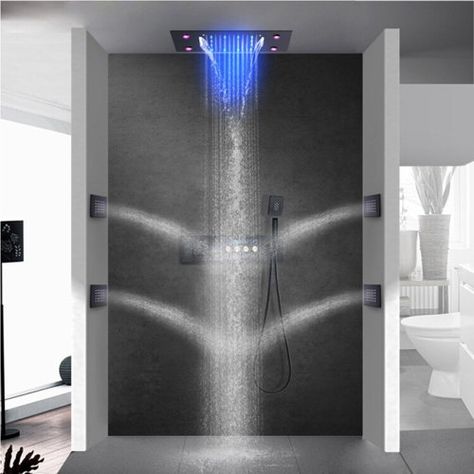 CRANACH Ceiling Mount Showerhead Digital Display Complete Shower System with Rough-in Valve | Wayfair Black Shower Faucet, Rain Shower System, Luxury Oil, Led Shower Head, Bathroom Shower Faucets, Shower Jets, Shower Faucet Sets, Luxury Shower, Body Sprays