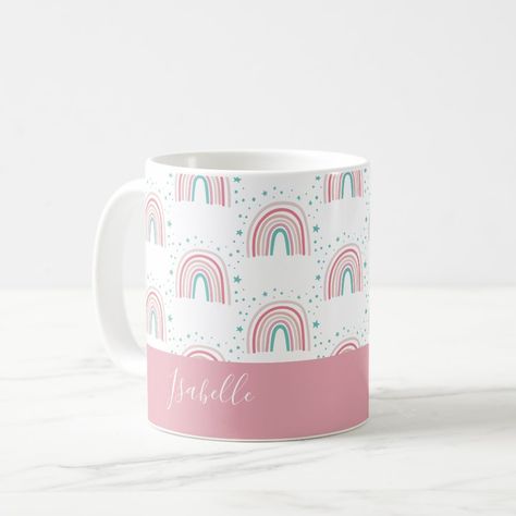 Girly pink aqua rainbow script personalized modern coffee mug Sublimation Mugs Ideas, Diy Mug Designs, Unicorn Coffee Mug, Muted Rainbow, Christmas Typography, Diy Mugs, Sublimation Projects, Rainbow Party, Sublimation Mugs