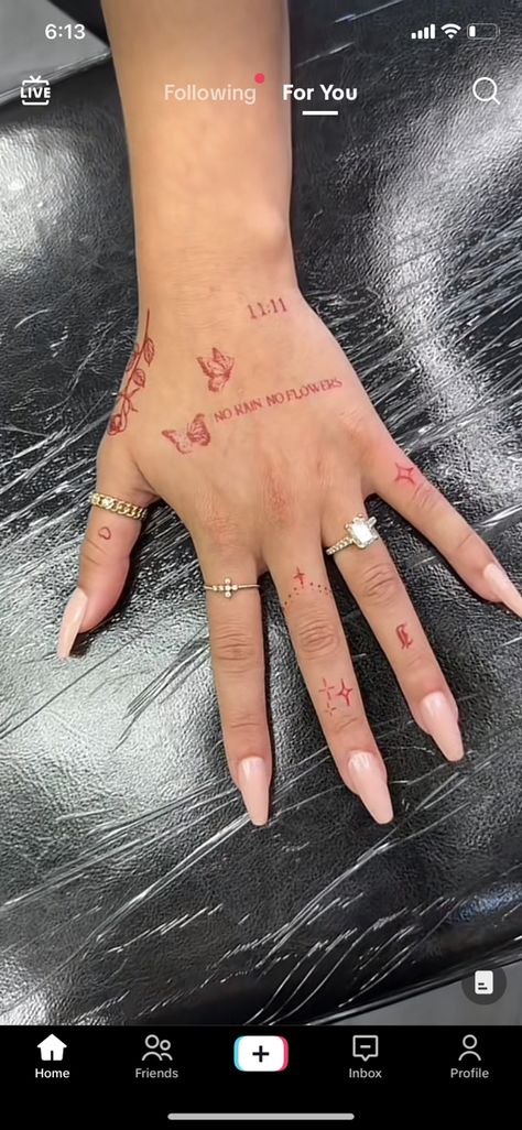 Lover Hand Tattoo, Small Floral Hand Tattoos, Small Red Hand Tattoos, Girly Hand Tattoos Ideas, Tattoo On Finger For Women, 444 Tattoo Hand, Big Hand Tattoos, Red Lettering Tattoo, Cute Hand Tattoos For Women