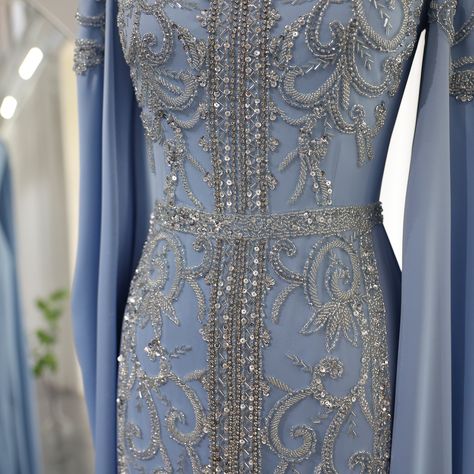 SS365 Luxury Dubai Blue Mermaid Muslim Evening Dresses with Cape Sleeves Arabic Women Wedding Engagement Party Gowns 💙💙💙 #couturedress #formaldress #wedding #guest #luxurywedding #summerwedding #couture #weddingdress #eveningdress #فساتين_زفاف #الامارات #فساتين_سهره #düğün #nişanelbisesi #bridalcouture #dreamweddingdress #bridetobe #bridalwear #مسلمون #المملكة #PartyDress #engaged Muslim Dress Party, Dresses With Cape Sleeves, Arabic Women, Yellow Evening Dresses, Grey Evening Dresses, Champagne Evening Dress, Muslim Evening Dresses, Gold Evening Dresses, Green Evening Dress