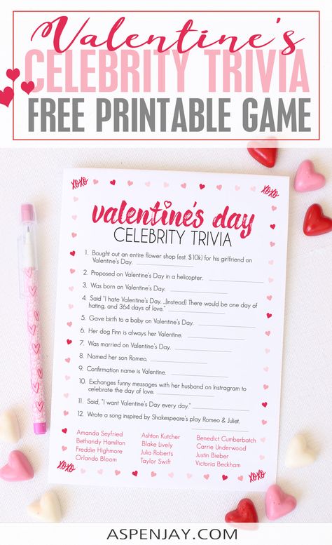 Free Celebrity Valentines Trivia game - great activity to play with girlfriends for a Galentine's Day Party! #valentinestrivia #valentinescelebrity #celebritytrivia I Hate Valentine's Day, Valentine's Day Party Games, Hate Valentines Day, Galentines Party, Valentine's Day Games, Valentine Party, Scavenger Hunt For Kids, Valentine's Day Printables, Valentine Activities